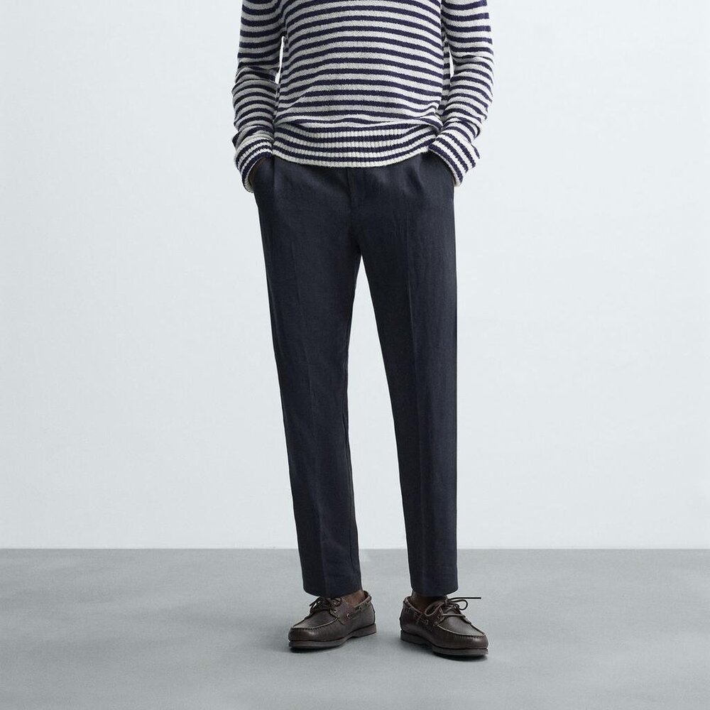 Zara 100% Linen Pants in Navy Blue